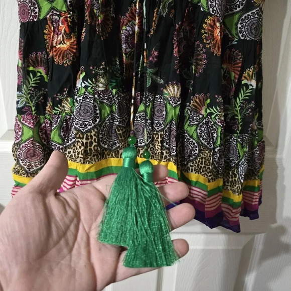 ALEXIS Holli Tapestry Print Mini Dress, Boho Peasant Dress w/Tassle Ties, EUC! - Picture 13 of 16